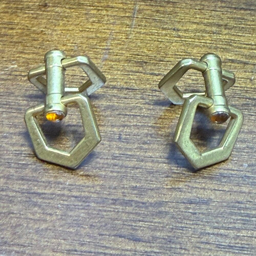 Vintage Gold Tone Hexagonal Amber Cabochon Cufflinks Toggle Back - Picture 4 of 6